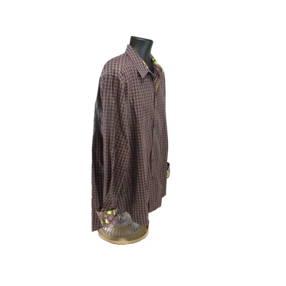 Robert Graham Shirt Mens XL Maroon Gray Check Button Up Contrast Flip Cuff Stain - Picture 5 of 16